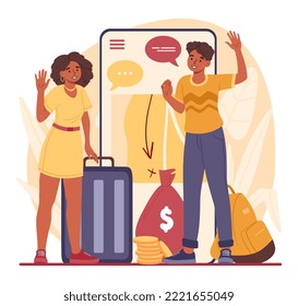 Concept of travel. Man and woman with suitcase and money stand in front of smartphone with map. Travel to another country, adventure and route building, planning. Cartoon flat vector illustration