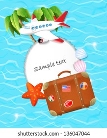 concept of travel - plane and a bag with shells and starfish on a background of sea and palm trees