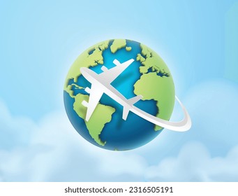 

Concept of travel with the plane flew around the world ,Paper cut art style.