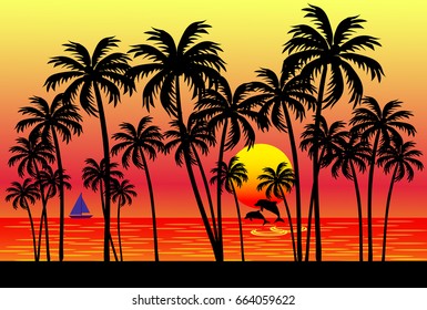 The concept of travel with sea and palm trees. Sleek design, vector illustration.