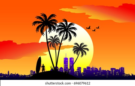 The concept of travel with sea and palm trees. Sleek design, vector illustration.