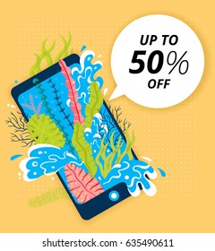 Concept of travel, seaweed and sea wave in phone screen, online ordering holiday vouchers with discount. Vector illustration.