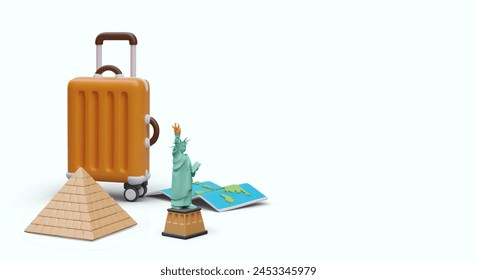 Concept of travel, sightseeing. Huge tourist suitcase, Statue of Liberty, pyramid, world map