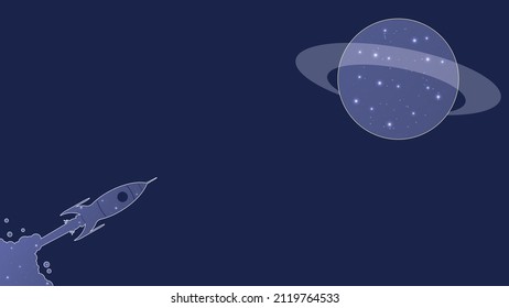 Concept travel in space, infinite universe. Dark background with rocket and planet in color of the year 2022, very peri. Web banner design template with place for text. Copyspace.