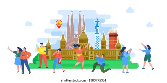 Concept of travel to Spain or studying Spanish. Spanish landmarks with mini people. Tourists in Spain. Flat design, vector illustration