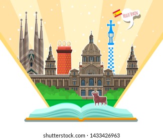 Concept of travel to Spain or studying Spanish. Spanish flag with landmarks in open book. Flat design, vector illustration