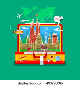 Concept of travel to Spain or studying Spanish. Spanish flag with landmarks in open suitcase. Flat design, vector illustration.