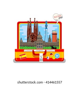 Concept of travel to Spain or studying Spanish. Spanish flag with landmarks in open suitcase. Flat design, vector illustration