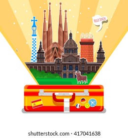 Concept of travel to Spain or studying Spanish. Spanish flag with landmarks in suitcase. Flat design, vector illustration