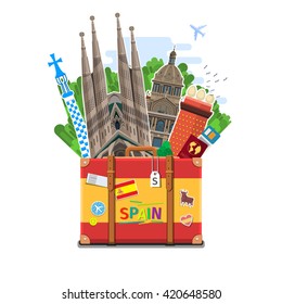 Concept of travel to Spain or studying Spanish. Spanish flag with landmarks in suitcase. Flat design, vector illustration