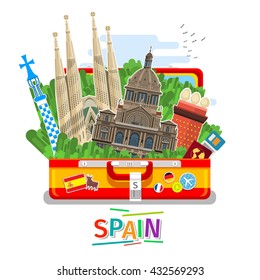 Concept of travel to Spain or studying Spanish. Spanish flag with landmarks in open suitcase. Flat design, vector illustration