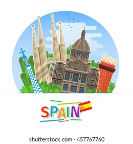 Concept of travel to Spain or studying Spanish. Spanish flag with landmarks. Flat design, vector illustration