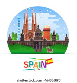 Concept of travel to Spain or studying Spanish. Spanish flag with landmarks. Flat design, vector illustration