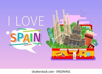 Concept of travel to Spain or studying Spanish. Spanish landmarks in open suitcase. Flat design, vector illustration