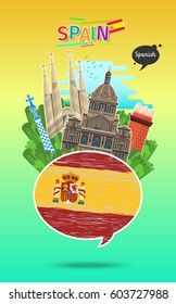 Concept of travel to Spain or studying Spanish. Speech bubble with hand drawn Spanish flag and landmarks. Flat design, vector illustration