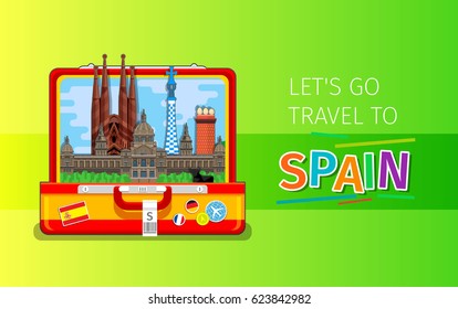 Concept of travel to Spain or studying Spanish. Spanish landmarks in open suitcase. Flat design, vector illustration