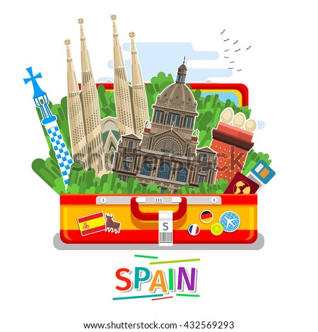 Concept of travel to Spain or studying Spanish. Spanish flag with landmarks in open suitcase. Flat design, vector illustration