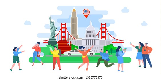 Concept of travel or studying English. American landmarks with mini people. Tourists in USA. Flat design, vector illustration