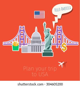 Concept Of Travel Or Studying English. American Flag With Landmarks. Flat Design, Vector Illustration