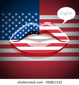Concept of travel or studying English american language. Glamour lips with make-up of the United States of America Flag, woman face. Flat design, vector illustration.