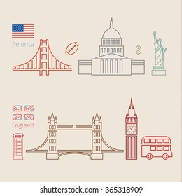 Concept of travel or studying English. English and american flags with landmarks. Flat design, lineart, vector illustration