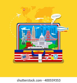 Concept of travel or studying English. American flag with landmarks in open suitcase. Flat design, vector illustration