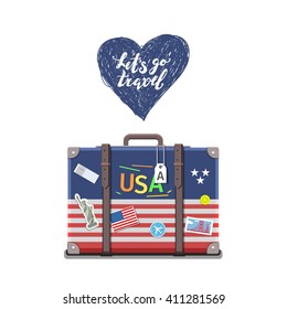 Concept of travel or studying English. American flag on suitcase, vector illustration