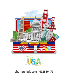 Concept of travel or studying English. American flag with landmarks in open suitcase. Flat design, vector illustration