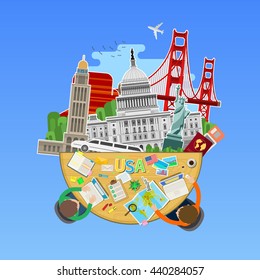Concept of travel or studying English. American flag with landmarks in the office. Flat design, vector illustration