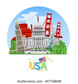 Concept of travel or studying English. American flag with landmarks. Flat design, vector illustration