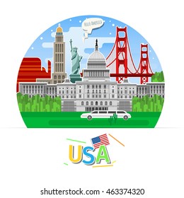 Concept of travel or studying English. American flag with landmarks. Flat design, vector illustration