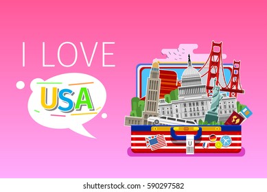 Concept of travel or studying English. American landmarks in open suitcase. Flat design, vector illustration