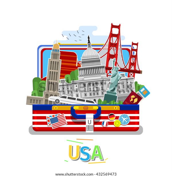 旅行や英語の勉強のコンセプト 開いたスーツケースに目印が付いた米国の国旗 フラットデザイン ベクターイラスト のベクター画像素材 ロイヤリティフリー