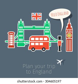 Concept of travel or studying English. English flag with landmarks. Flat design, vector illustration