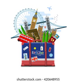 Concept of travel or studying English. English flag with landmarks in suitcase. Flat design, vector illustration