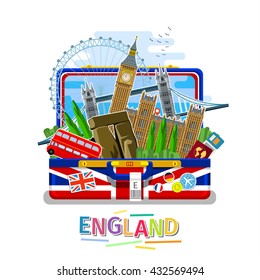 Concept of travel or studying English. English flag with landmarks in open suitcase. Flat design, vector illustration