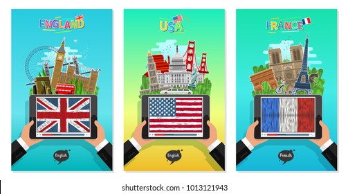 Concept of travel or studying English and French. Male hands holding a tablet with landmarks and hand drawn english and french flag on the tablet screen. Flat design, vector illustration