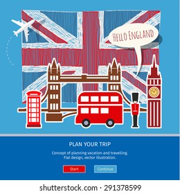 Concept of travel or studying English. Hand drawn English flag with Sightseeings. Flat design, vector illustration