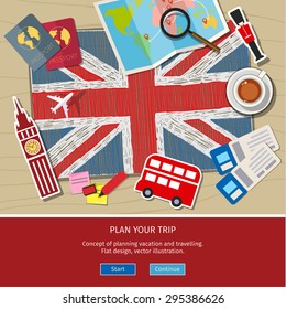 Concept of travel or studying English. Hand drawn English flag with Sightseeings. Flat design, vector illustration