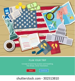 Concept of travel or studying English. Hand drawn American flag with landmarks. Flat design, vector illustration