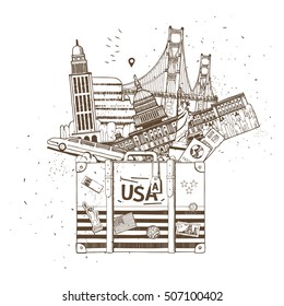 Concept of travel or studying English. Hand drawn American landmarks in suitcase. Flat design, vector illustration