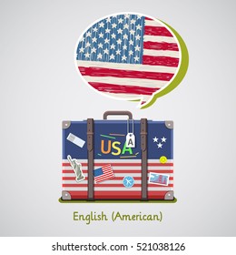 Concept of travel or studying English. Hand drawn American flag in speech bubble above suitcase with american symbols.