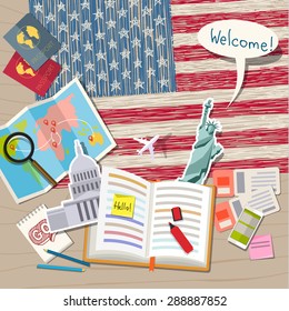 Concept of travel or studying English. Open book with English symbols. Flat design, vector illustration