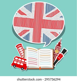 Concepto de viaje o estudio del inglés. Libro abierto con símbolos ingleses. Diseño plano, ilustración vectorial