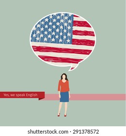 Concept of travel or studying English. Speech bubble with hand drawn American flag. Flat design, vector illustration