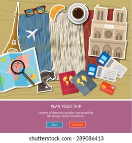Concept of travel or studying French. Hand drawn French flag with landmarks. Flat design, vector illustration