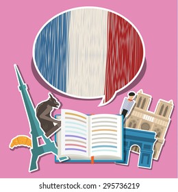 Concept of travel or studying French. Open book with hand drawn French flag and French symbols. Flat design, vector illustration