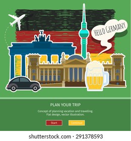 Concept of travel or studying German. Hand drawn German flag with landmarks. Flat design, vector illustration