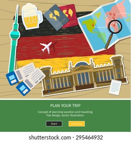 Concept of travel or studying German. Hand drawn German flag with landmarks. Flat design, vector illustration