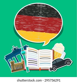 Concept of travel or studying German. Open book with hand drawn German flag and German symbols. Flat design, vector illustration